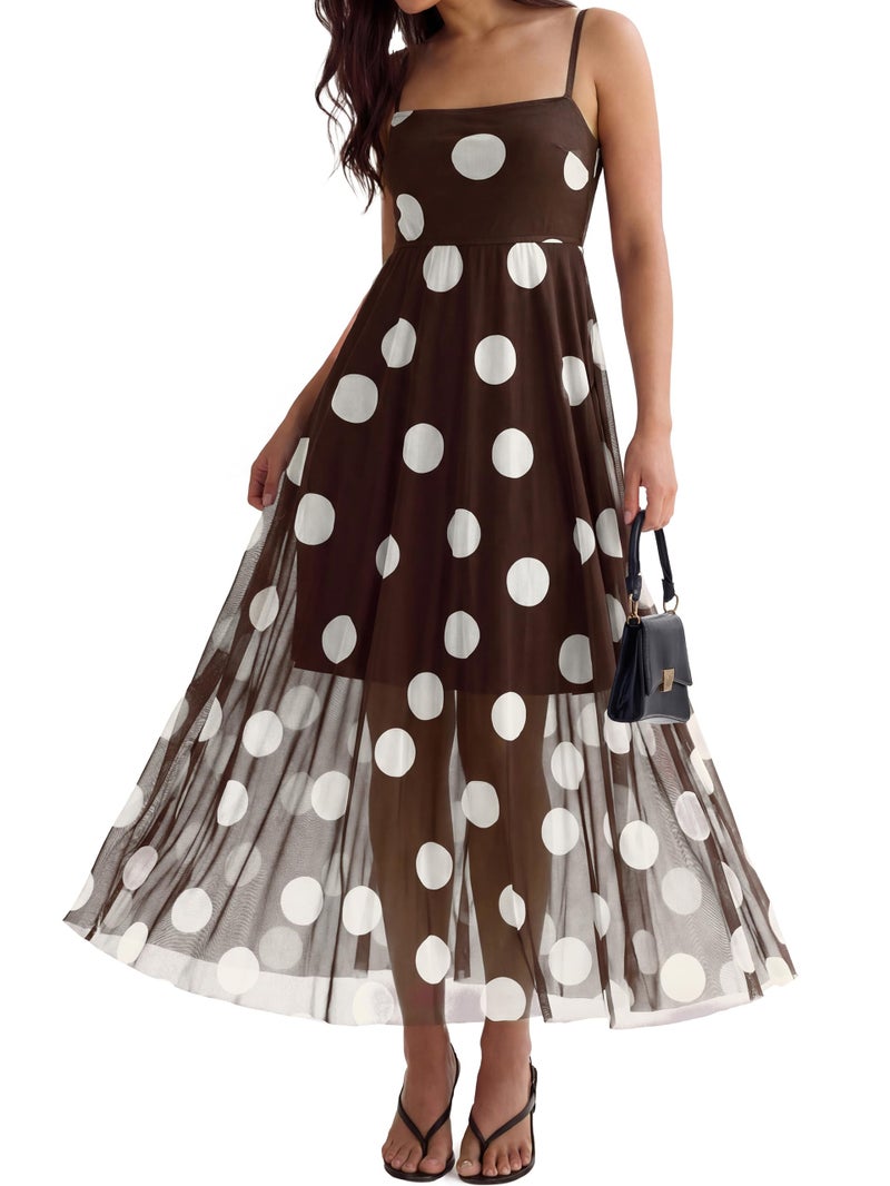 Glamaker Womens Summer Polka Dot Maxi Dress Spaghetti Strap Smocked Backless Mesh Long Flowy Boho Beach Vacation Sun Dresses Coffee,L - Image 1