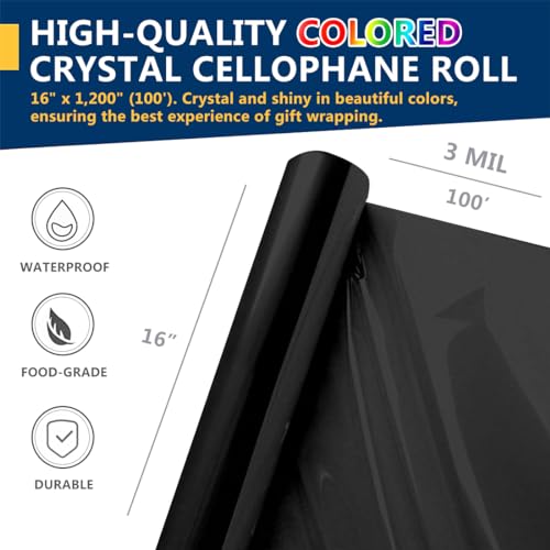 PH PERKHOMY PerkHomy Clear Cellophane Wrap Roll 16 3 Mil Thick Cellophane For Gift Basket Treats Goodie Wrapping Craft Flower Bouquet Plastic Black 100ft 16in Width - Image 3