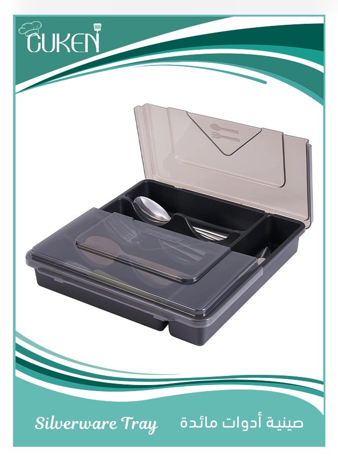 Cuken Large Silverware Drawer Organizer with Lid, Expandable Utensil Tray for Kitchen, BPA Free Flatware and Cutlery Holder, Adjustable Plastic Storage for Spoons Forks Knives, Large, Black - Image 1