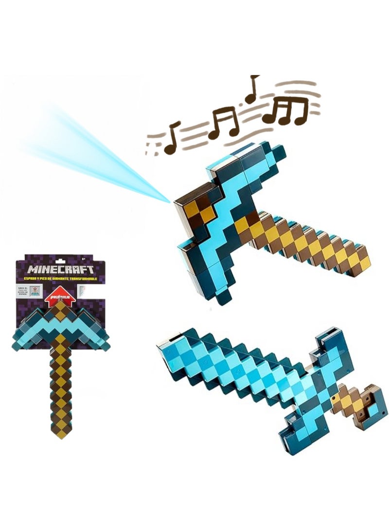 Minecraft Video Game Toy Sword and Pickaxe 2 in 1 Transforming Toy With Sound and Light Effects, Gift for Kids - Image 1