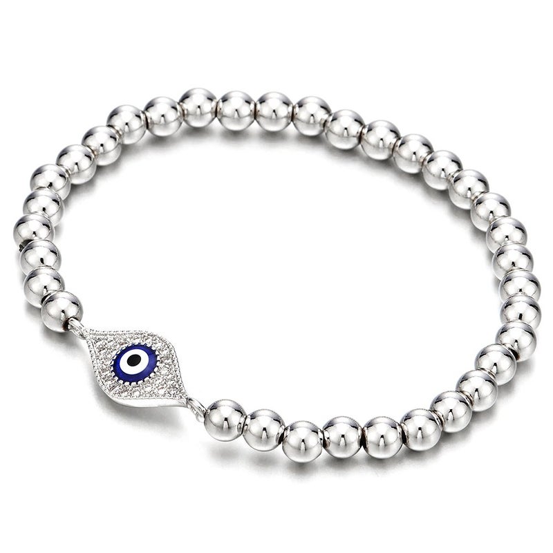 COOLSTEELANDBEYOND Beads Bracelet for Women Men with Cubic Zirconia Protection Evil Eye - Image 1