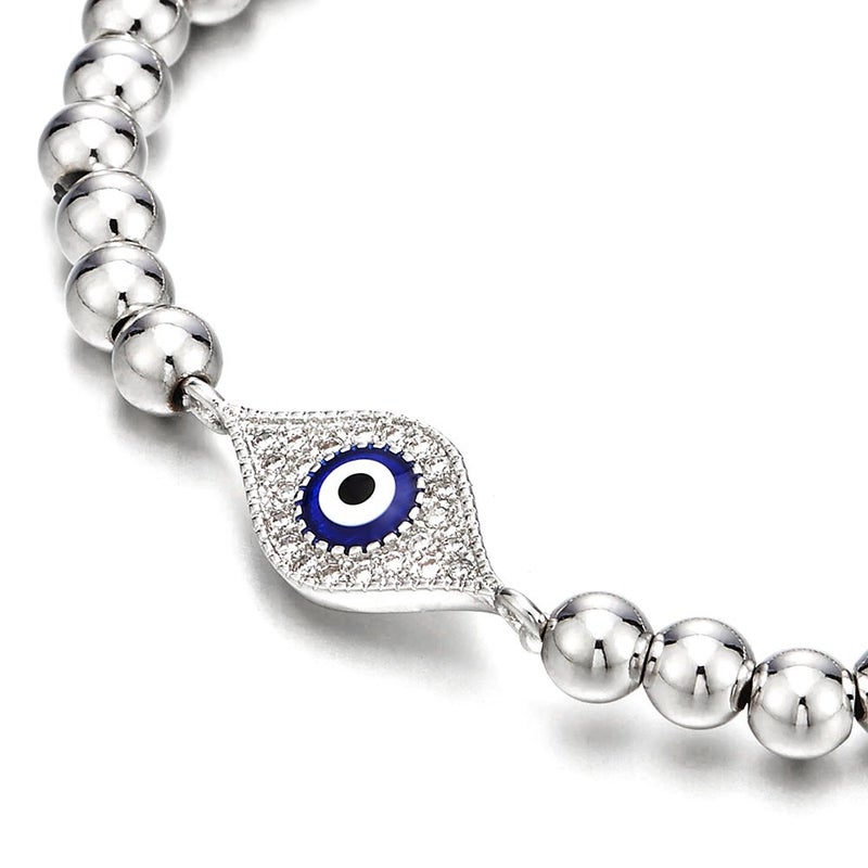 COOLSTEELANDBEYOND Beads Bracelet for Women Men with Cubic Zirconia Protection Evil Eye - Image 2
