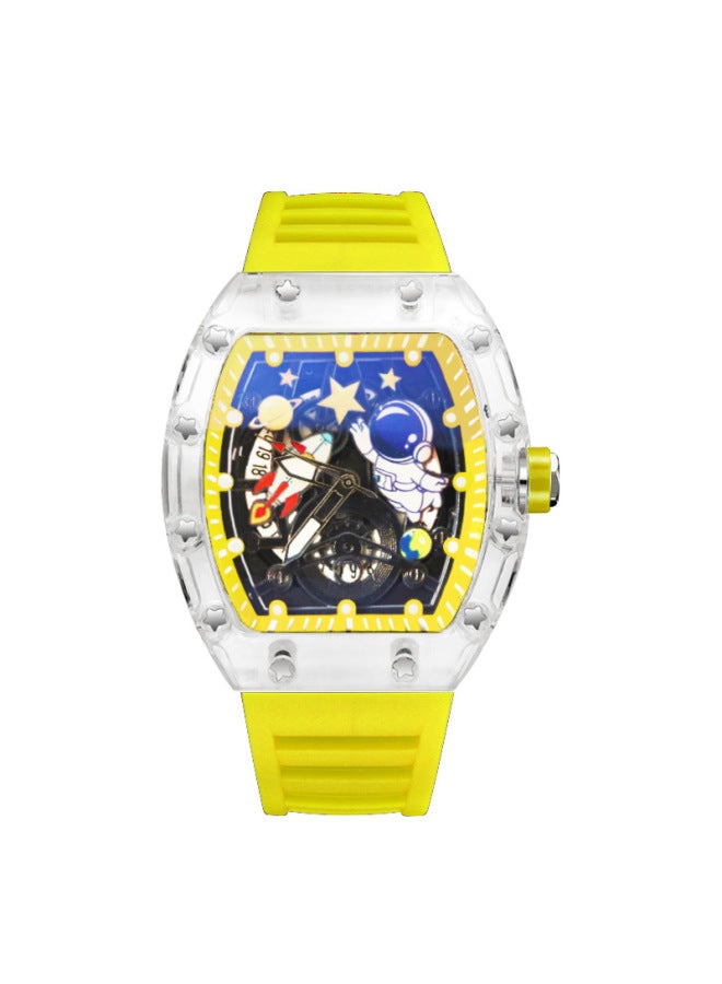 Men's Yellow Strap Casual Sports Waterproof Quartz Watch, Hollow Dial with Astronaut Pattern
