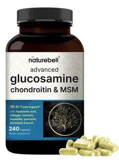 Advanced Glucosamine Chondroitin MSM Supplement, 240 Capsules | 10-in-1 Joint Support Complex - with Hyaluronic Acid, Collagen, Turmeric, Boswellia, & More - Non-GMO