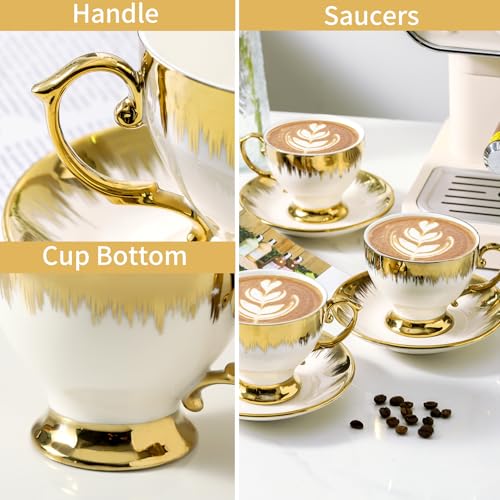 LETAOTAO Tea Cups and Saucers Set of 6, 7 oz Ceramic Turkish Coffee Cup With Gold Trim for Cappuccino, Latte, Mocha, Au Lait, Double Espresso, White - Image 4