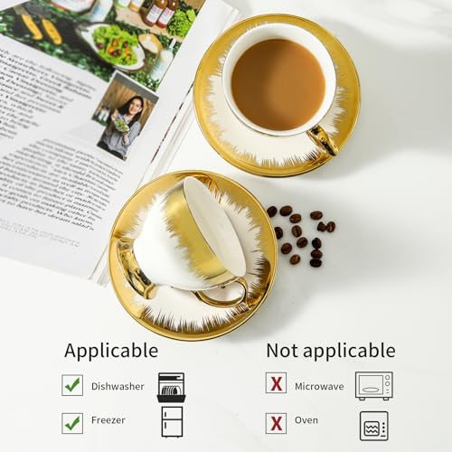 LETAOTAO Tea Cups and Saucers Set of 6, 7 oz Ceramic Turkish Coffee Cup With Gold Trim for Cappuccino, Latte, Mocha, Au Lait, Double Espresso, White - Image 3