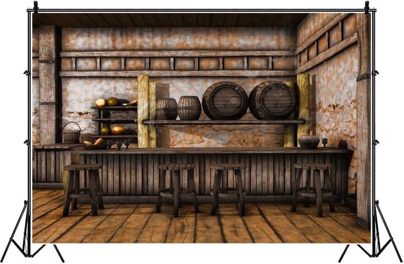 Laeacco 10x8ft Shabby Saloon Tavern Interior Vinyl Photography Background Rustic Old Wall Wooden Bar Counter Tables Chairs Backdrop Western Cowboy Portrait Shoot Studio Props Wallpaper - Image 1