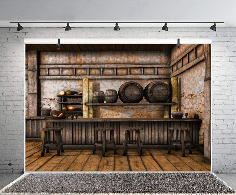 Laeacco 10x8ft Shabby Saloon Tavern Interior Vinyl Photography Background Rustic Old Wall Wooden Bar Counter Tables Chairs Backdrop Western Cowboy Portrait Shoot Studio Props Wallpaper - Image 4