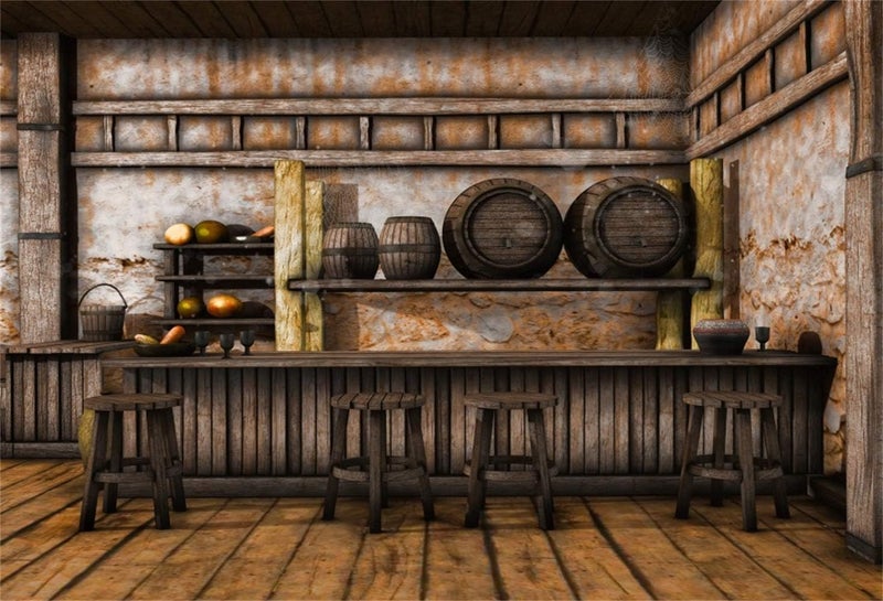 Laeacco 10x8ft Shabby Saloon Tavern Interior Vinyl Photography Background Rustic Old Wall Wooden Bar Counter Tables Chairs Backdrop Western Cowboy Portrait Shoot Studio Props Wallpaper - Image 3