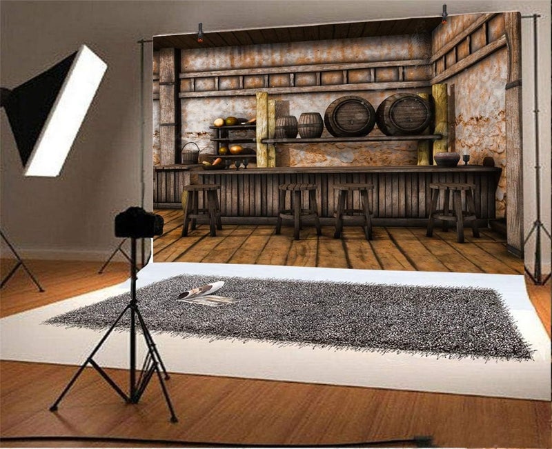 Laeacco 10x8ft Shabby Saloon Tavern Interior Vinyl Photography Background Rustic Old Wall Wooden Bar Counter Tables Chairs Backdrop Western Cowboy Portrait Shoot Studio Props Wallpaper - Image 2