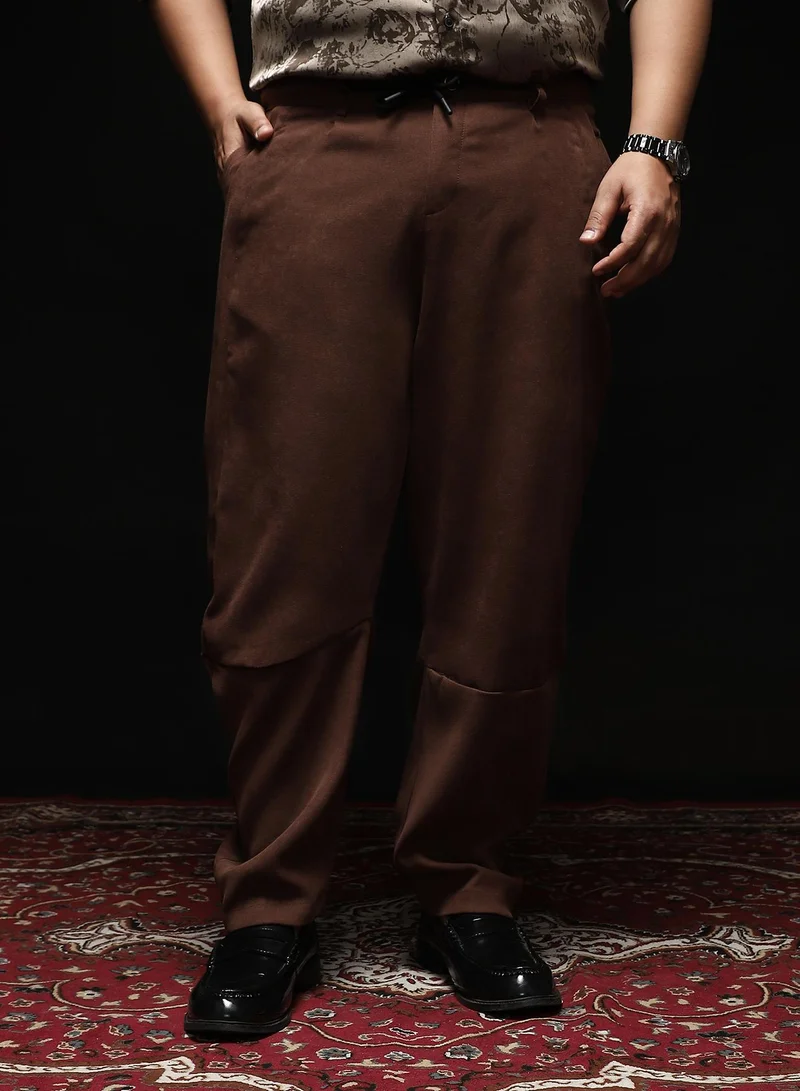 Instafab Plus Instafab Plus Men's Chocolate Brown Panelled Chino Trousers | Mid-Rise , Straight Hem , Button Closure | Solid Plain Polyester Blend Material For Street & Casual Wear