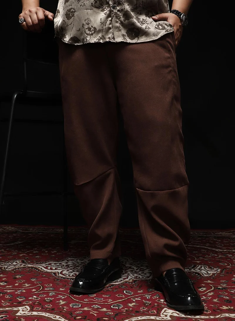 Instafab Plus Instafab Plus Men's Chocolate Brown Panelled Chino Trousers | Mid-Rise , Straight Hem , Button Closure | Solid Plain Polyester Blend Material For Street & Casual Wear