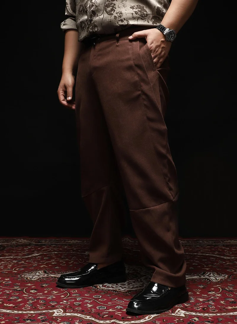 Instafab Plus Instafab Plus Men's Chocolate Brown Panelled Chino Trousers | Mid-Rise , Straight Hem , Button Closure | Solid Plain Polyester Blend Material For Street & Casual Wear