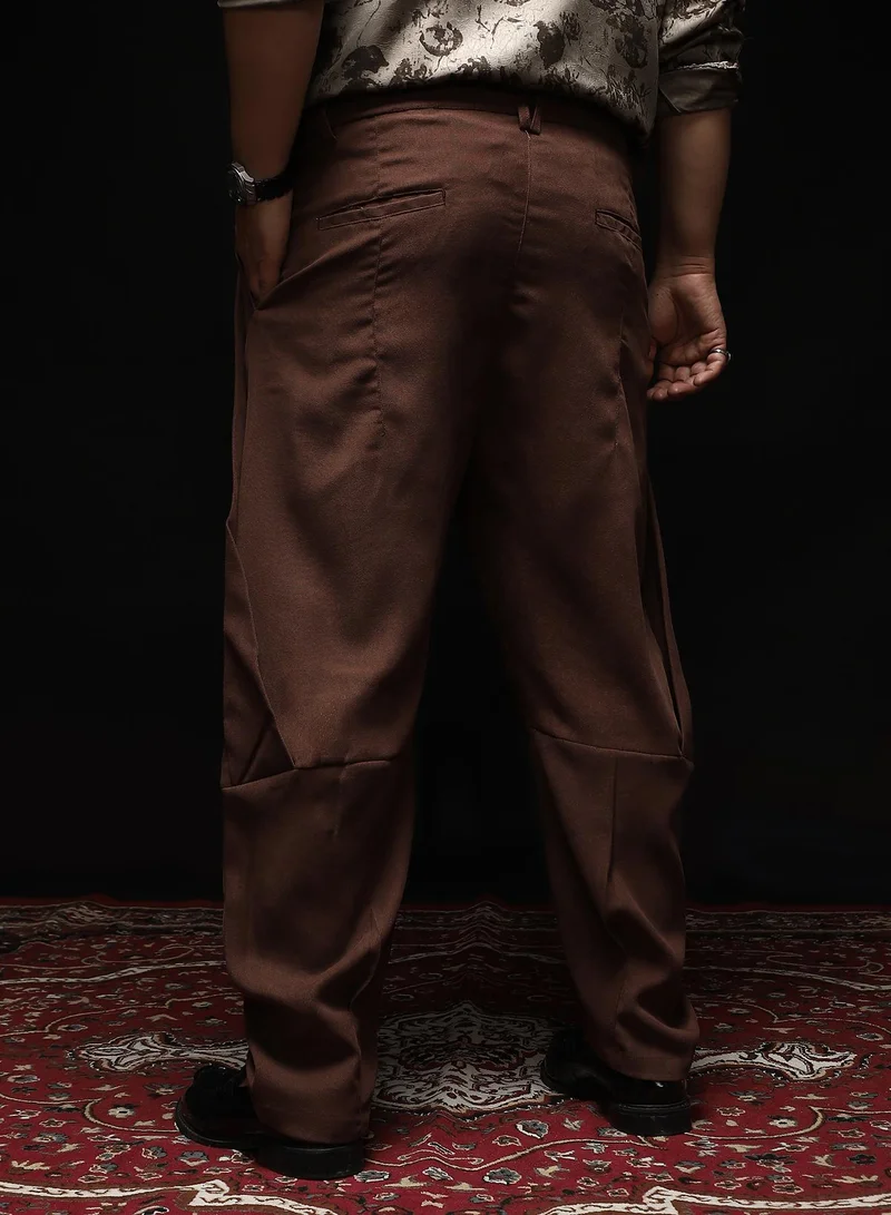 Instafab Plus Instafab Plus Men's Chocolate Brown Panelled Chino Trousers | Mid-Rise , Straight Hem , Button Closure | Solid Plain Polyester Blend Material For Street & Casual Wear