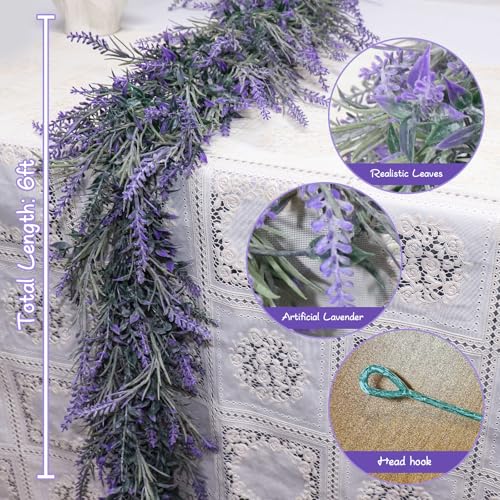 MAKHOT Spring Summer Lavender Purple Garland, 6Ft Lavender Artificial Green Garland, Fake Silver LavenderLeaves Vines for Wedding Mantle Party Arch Porch Stair Table Door Home Decor (Light Purple) - Image 2