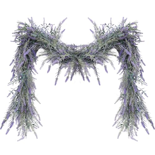 MAKHOT Spring Summer Lavender Purple Garland, 6Ft Lavender Artificial Green Garland, Fake Silver LavenderLeaves Vines for Wedding Mantle Party Arch Porch Stair Table Door Home Decor (Light Purple) - Image 1