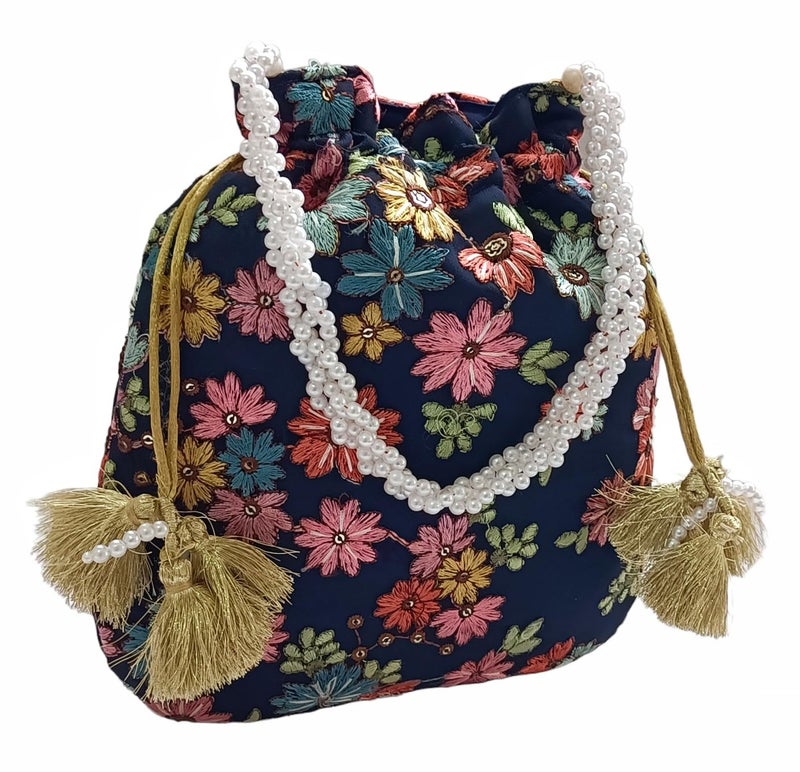 DUCHESS Women's Embroidered Polti Bag with Pearl Handle and Tassel - Bridal Ethnic Traditional Casual Purse/Clutch/Handbag, (21 L X 2 W X 23 H C, Navy Blue) - Image 1