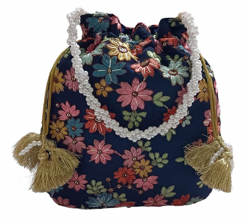 DUCHESS Women's Embroidered Polti Bag with Pearl Handle and Tassel - Bridal Ethnic Traditional Casual Purse/Clutch/Handbag, (21 L X 2 W X 23 H C, Navy Blue) - Image 2
