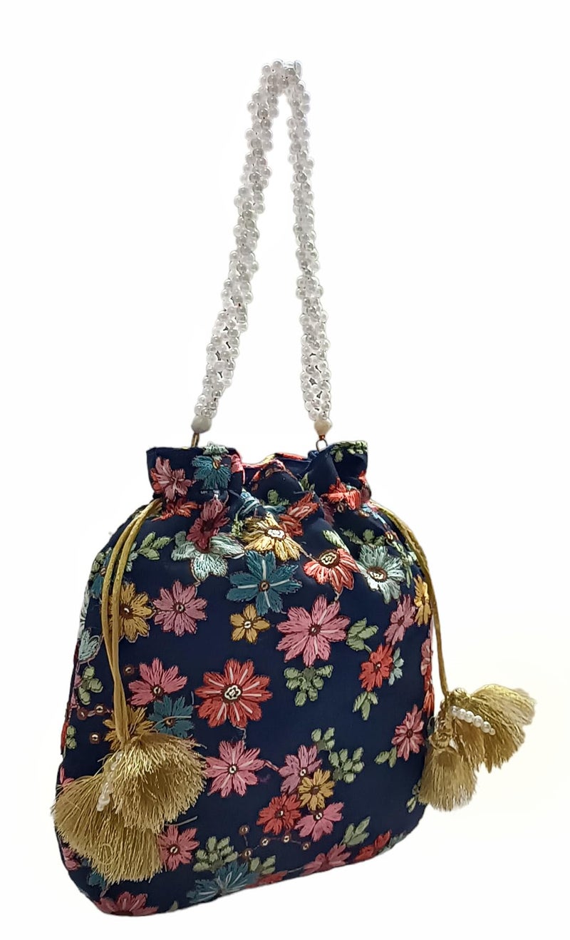 DUCHESS Women's Embroidered Polti Bag with Pearl Handle and Tassel - Bridal Ethnic Traditional Casual Purse/Clutch/Handbag, (21 L X 2 W X 23 H C, Navy Blue) - Image 3