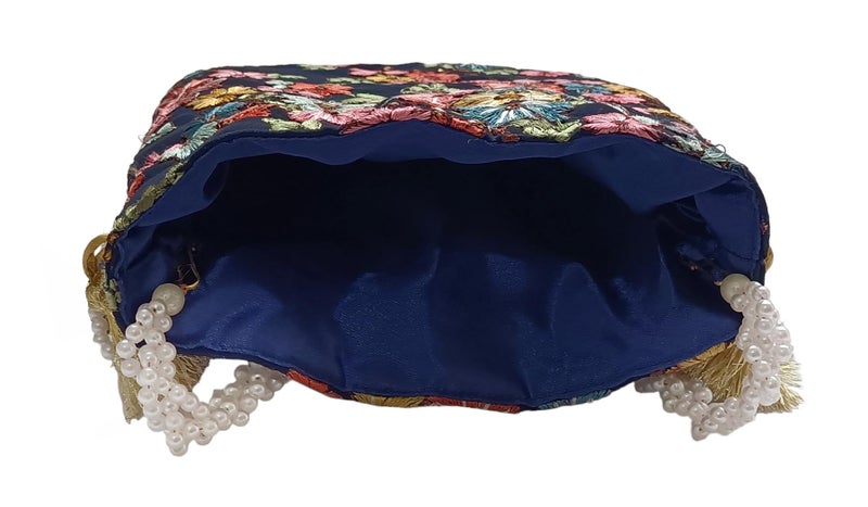 DUCHESS Women's Embroidered Polti Bag with Pearl Handle and Tassel - Bridal Ethnic Traditional Casual Purse/Clutch/Handbag, (21 L X 2 W X 23 H C, Navy Blue) - Image 5