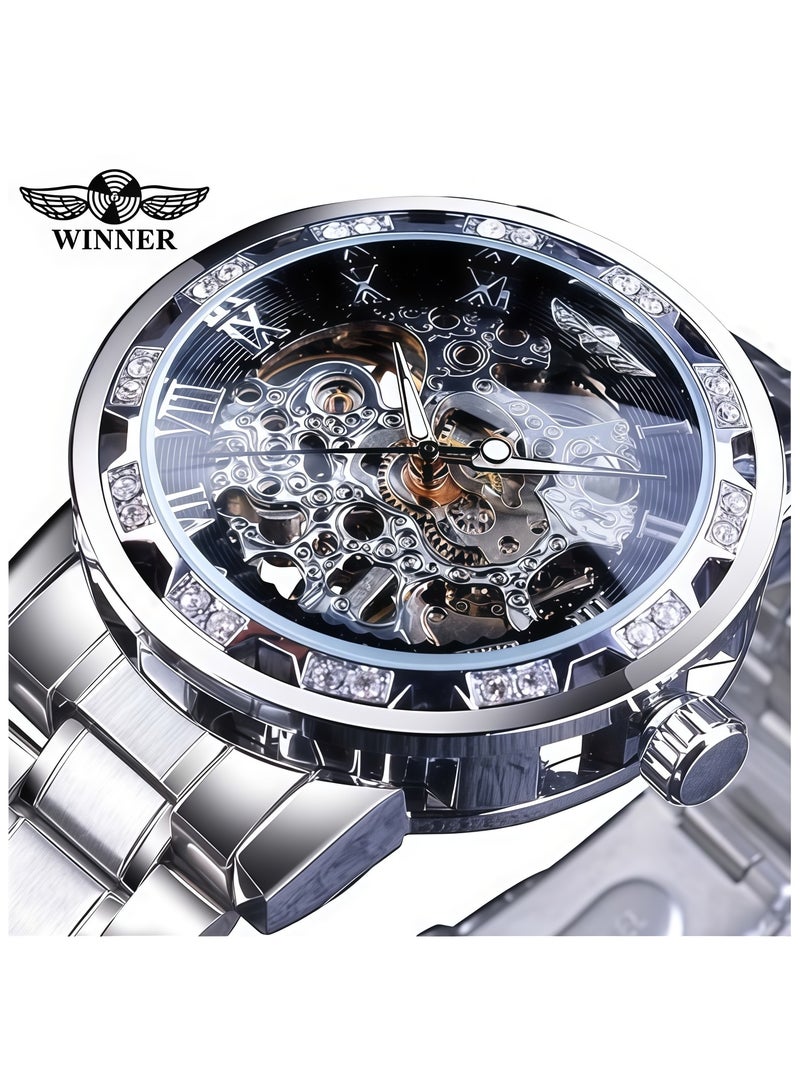 وينر ساعة رجالية أنيقة وعملية بهيكل عظمي يدوي مرصع بأحجار الراين - Image 1