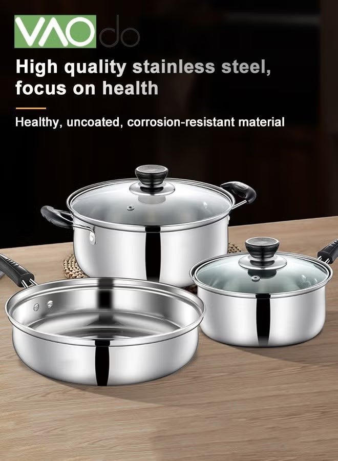 فاو دو مجموعة من 3 أواني وطناجر، أواني طهي سميكة من الفولاذ المقاوم للصدأ، مناسبة لمختلف أنواع المواقد، طنجرة حليب ومقلاة مع أغطية، مجموعة أواني طهي منزلية - Image 1