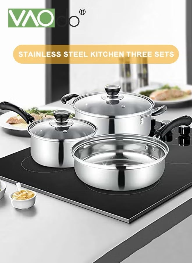 فاو دو مجموعة من 3 أواني وطناجر، أواني طهي سميكة من الفولاذ المقاوم للصدأ، مناسبة لمختلف أنواع المواقد، طنجرة حليب ومقلاة مع أغطية، مجموعة أواني طهي منزلية - Image 2