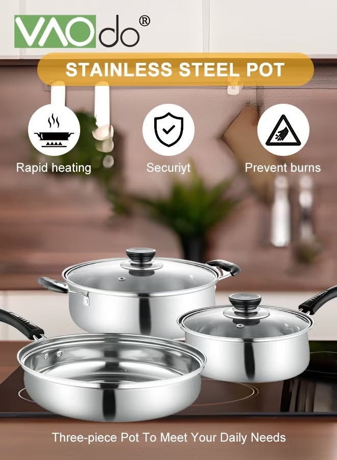 فاو دو مجموعة من 3 أواني وطناجر، أواني طهي سميكة من الفولاذ المقاوم للصدأ، مناسبة لمختلف أنواع المواقد، طنجرة حليب ومقلاة مع أغطية، مجموعة أواني طهي منزلية - Image 3