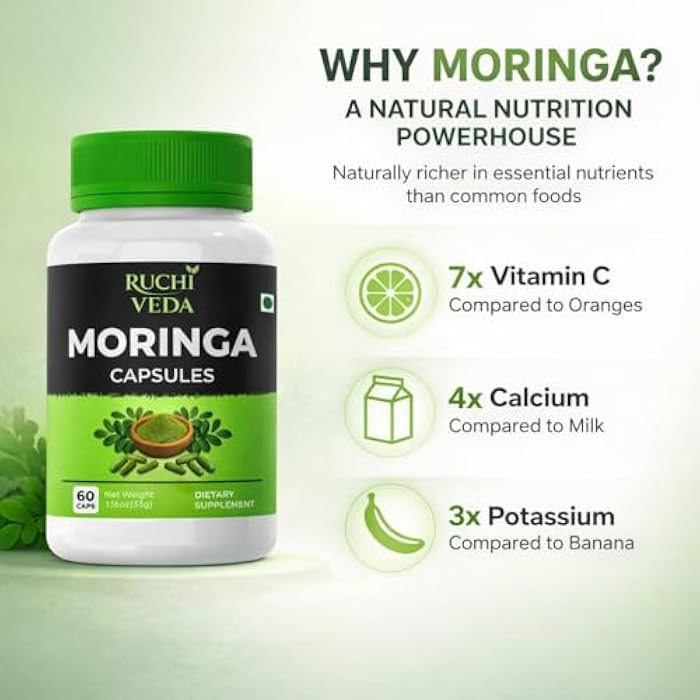 Moringa Capsules 1100mg per Serving – Sun-Dried Farm-Fresh Moringa Oleifera for Daily Energy, Immune Support & Natural Detox – Third-Party Tested Vegan – 60 Veg Capsules - Image 2