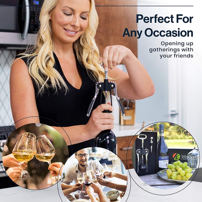 HiCoup Kitchenware HiCoup Corkscrew Wine Opener - Ergonomic, Double Winged Beer and Wine Bottle Openers - Easy to Use, Stainless-Steel Corkscrews with Stopper & Gift Box - Kitchen Accessories - Matte Black - Image 5