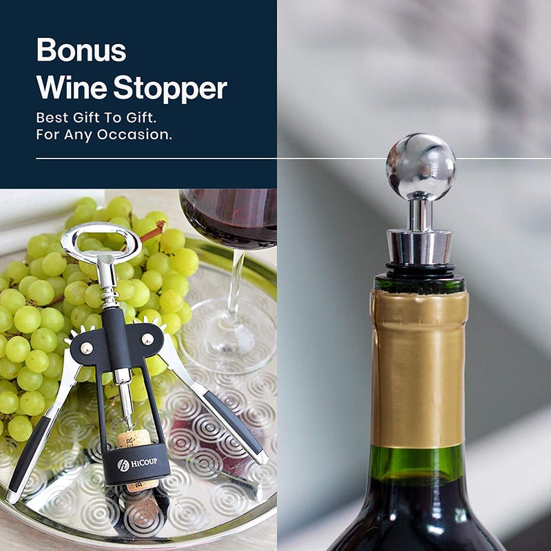 HiCoup Kitchenware HiCoup Corkscrew Wine Opener - Ergonomic, Double Winged Beer and Wine Bottle Openers - Easy to Use, Stainless-Steel Corkscrews with Stopper & Gift Box - Kitchen Accessories - Matte Black - Image 2
