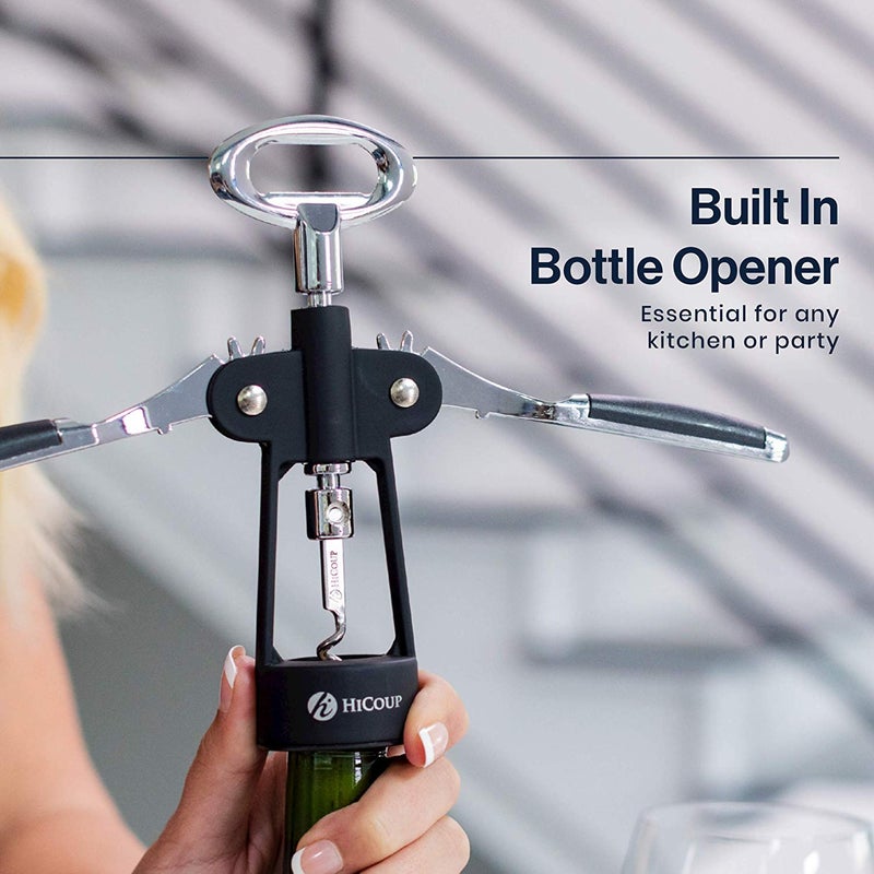 HiCoup Kitchenware HiCoup Corkscrew Wine Opener - Ergonomic, Double Winged Beer and Wine Bottle Openers - Easy to Use, Stainless-Steel Corkscrews with Stopper & Gift Box - Kitchen Accessories - Matte Black - Image 3