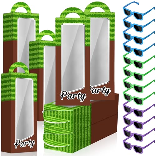 Mootycapa 24 Pcs Pixel Party Favors Pixelated Theme Gift Boxes Pixel Sunglasses Birthday Party Supplies Classic Colors - Image 1
