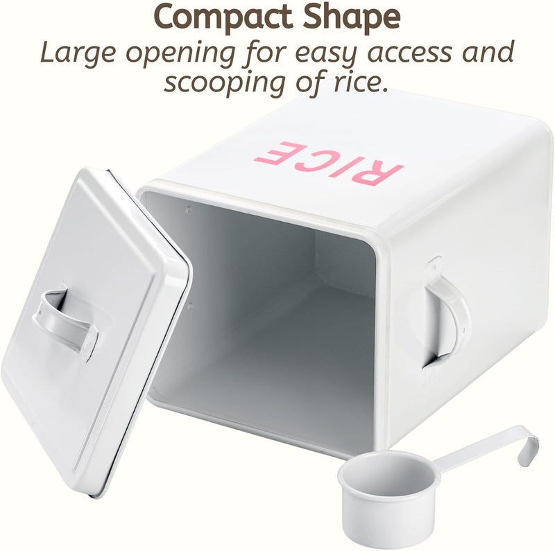 Youeon 10 Lbs Metal Rice Storage Container, Square Rice Canister with Lid and Measuring Scoop, Countertop Sealed Food Storage Container for Cereal, Beans, Pet Food, White - Image 4