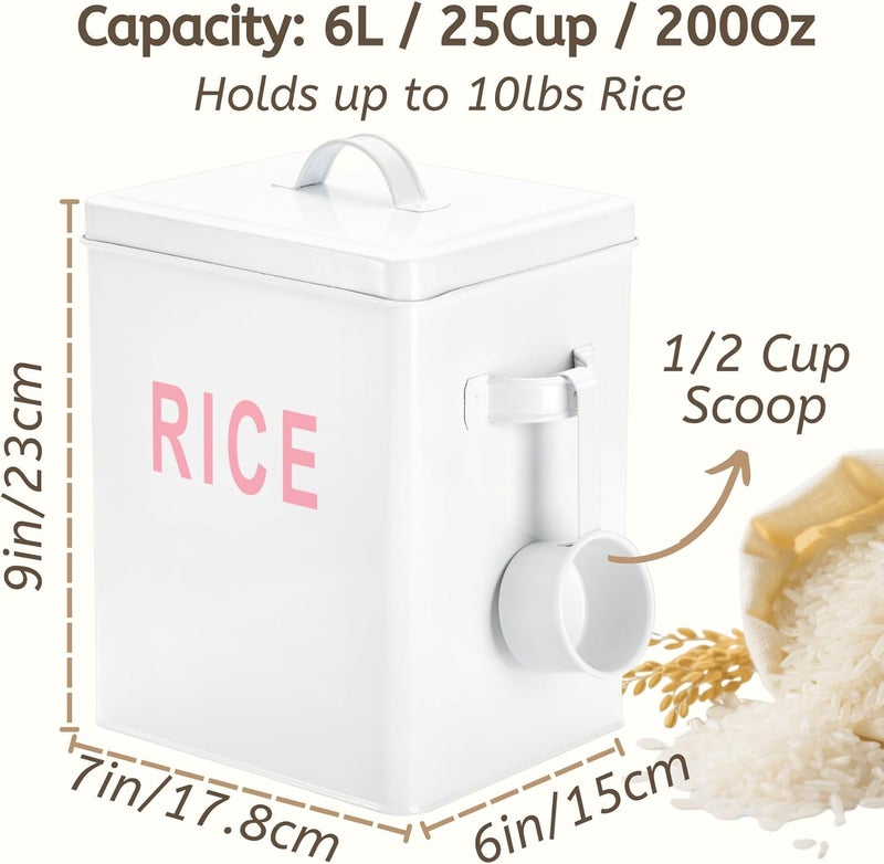 Youeon 10 Lbs Metal Rice Storage Container, Square Rice Canister with Lid and Measuring Scoop, Countertop Sealed Food Storage Container for Cereal, Beans, Pet Food, White - Image 2