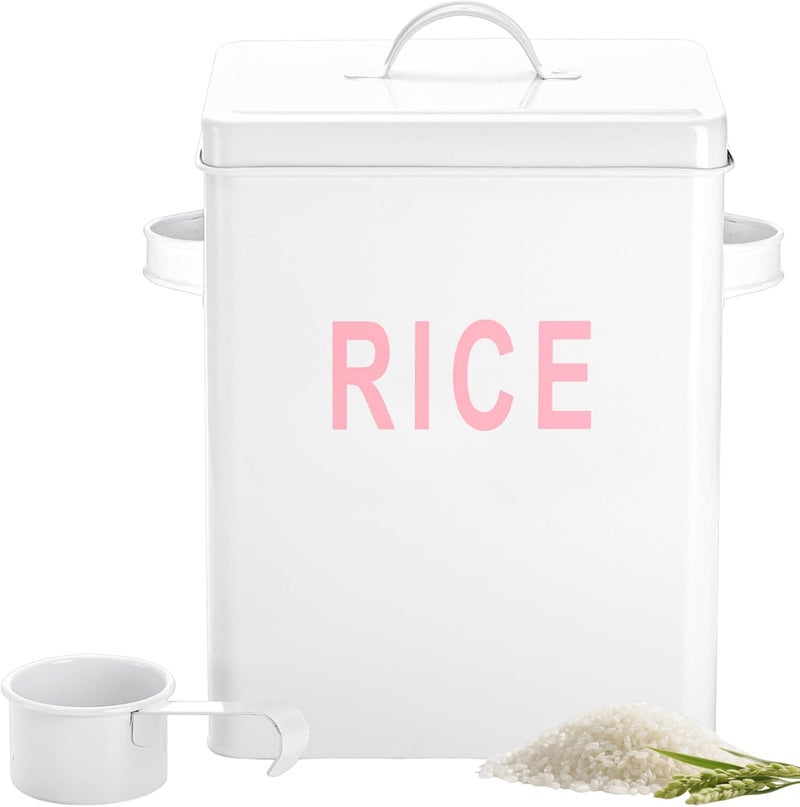 Youeon 10 Lbs Metal Rice Storage Container, Square Rice Canister with Lid and Measuring Scoop, Countertop Sealed Food Storage Container for Cereal, Beans, Pet Food, White - Image 1