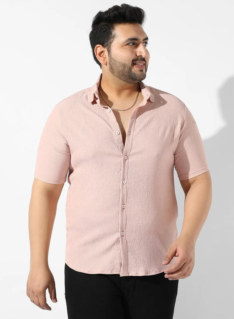 Instafab Plus Men's Peach Orange Creased Shirt For Casual Wear | Spread Collar | Short Sleeve | Button Closure | Shirt Crafted With Comfort Fit For Everyday Wear