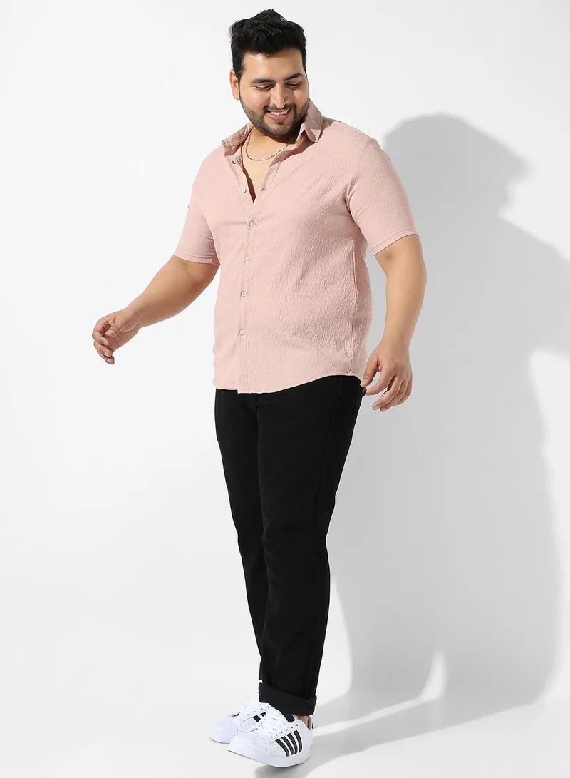 Instafab Plus  Men's Peach Orange Creased Shirt For Casual Wear | Spread Collar | Short Sleeve | Button Closure | Shirt Crafted With Comfort Fit For Everyday Wear for Men | Best Price UAE