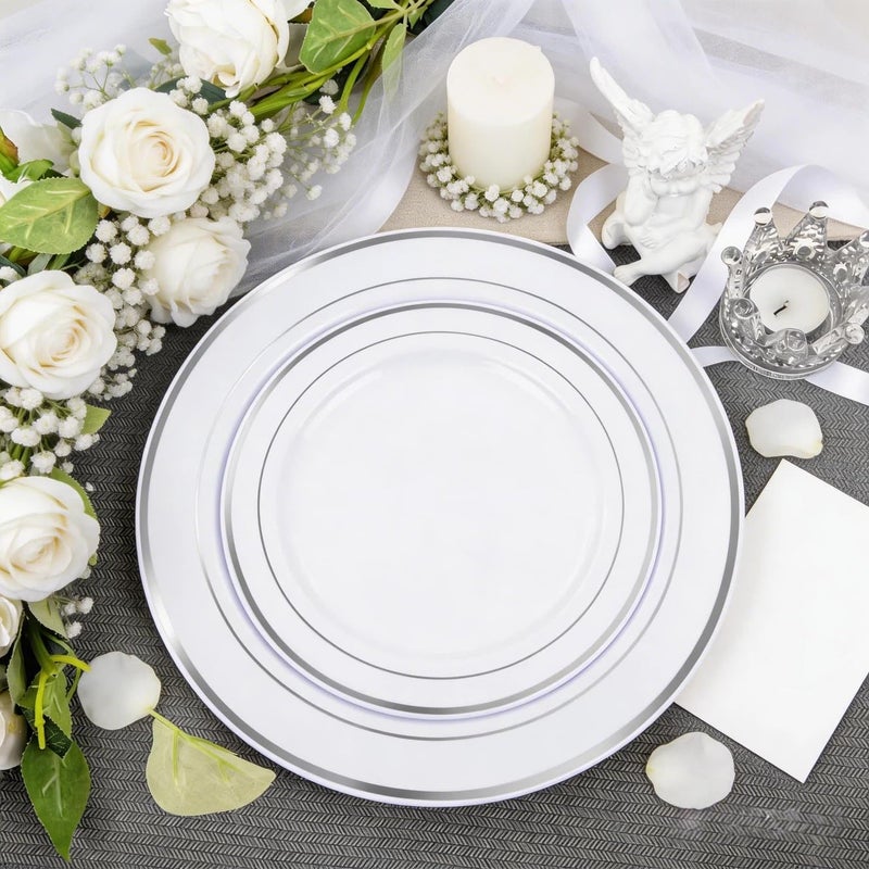 FLOWERCAT 60PCS Silver Plastic Plates - Heavy Duty White and Silver Plastic Plates Disposable - Include 30PCS 10.25inch Dinner Plates and 30PCS 7.5inch Dessert Plates for Wedding&Birthday Party - Image 2