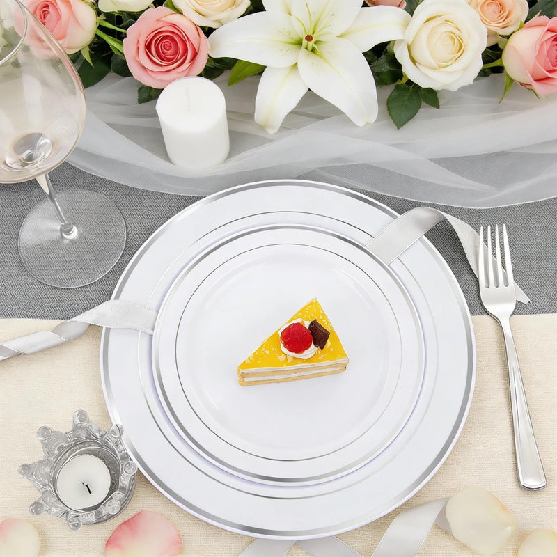 FLOWERCAT 60PCS Silver Plastic Plates - Heavy Duty White and Silver Plastic Plates Disposable - Include 30PCS 10.25inch Dinner Plates and 30PCS 7.5inch Dessert Plates for Wedding&Birthday Party - Image 4