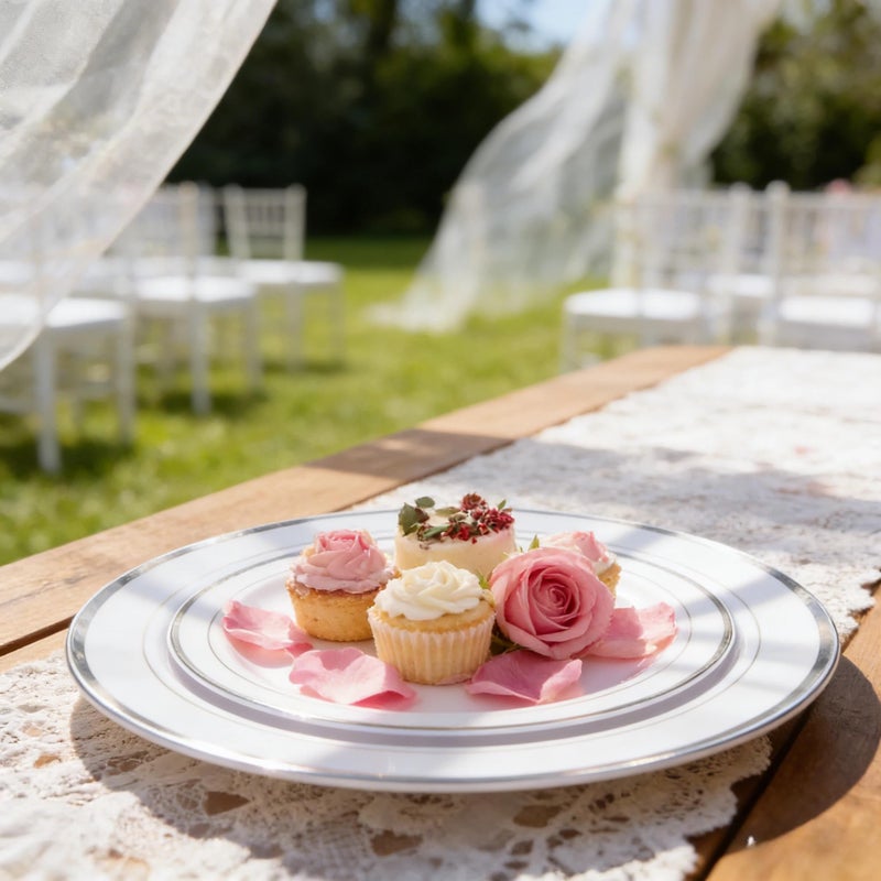 FLOWERCAT 60PCS Silver Plastic Plates - Heavy Duty White and Silver Plastic Plates Disposable - Include 30PCS 10.25inch Dinner Plates and 30PCS 7.5inch Dessert Plates for Wedding&Birthday Party - Image 3