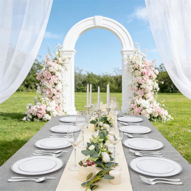 FLOWERCAT 60PCS Silver Plastic Plates - Heavy Duty White and Silver Plastic Plates Disposable - Include 30PCS 10.25inch Dinner Plates and 30PCS 7.5inch Dessert Plates for Wedding&Birthday Party - Image 5