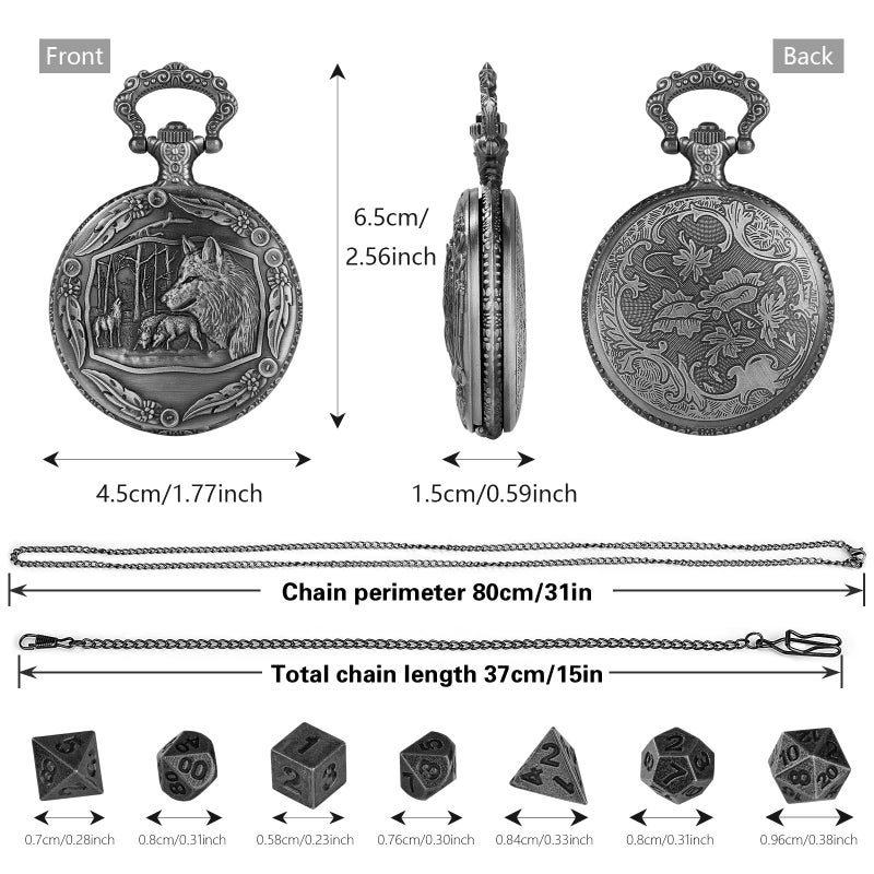 كيلر & ويبر Mini DND DICE مع Steampunk Wolf Wolf Watch Shell Case 7pcs Polyhedral Metal D&D Dice Gifts DND مع صندوق هدايا لأدوار ألعاب ألعاب ألعاب اللوح - Image 4