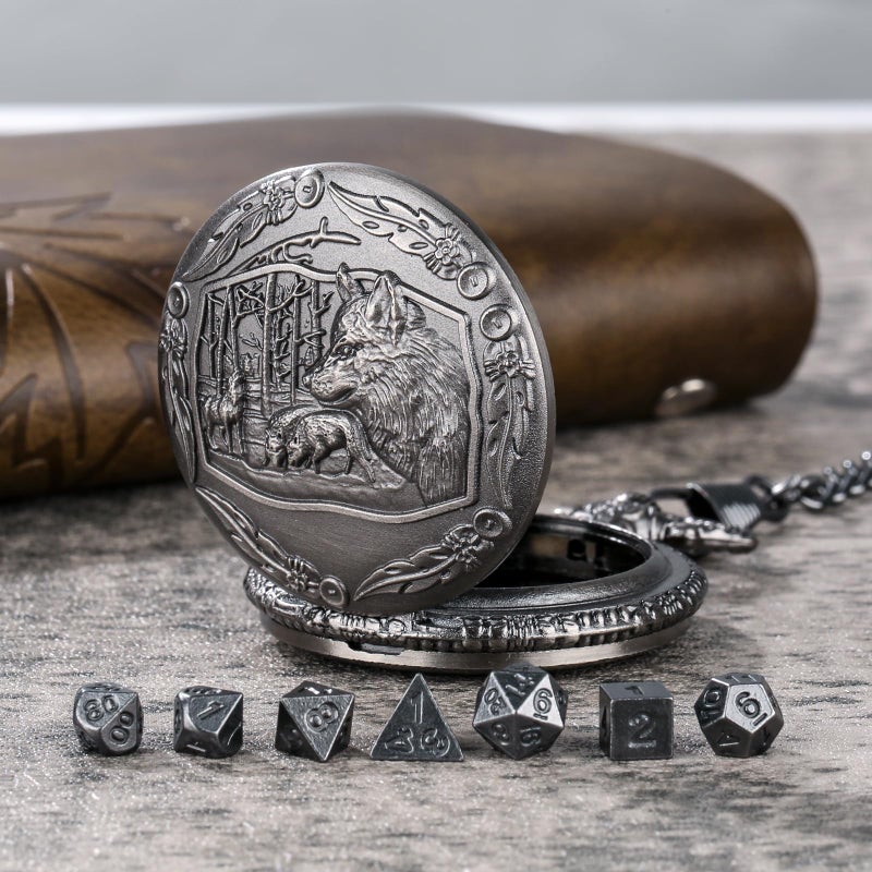 كيلر & ويبر Mini DND DICE مع Steampunk Wolf Wolf Watch Shell Case 7pcs Polyhedral Metal D&D Dice Gifts DND مع صندوق هدايا لأدوار ألعاب ألعاب ألعاب اللوح - Image 3