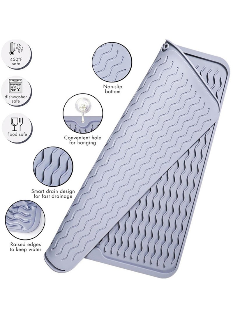 طقم 2 قطعة، حصيرة تجفيف الصحون من السيليكون بحجم 40x50 سم للاستخدامات المتعددة، سهل التنظيف، حصيرة سيليكون صديقة للبيئة مقاومة للحرارة للاستخدام في سطح المطبخ أو الحوض، أو كغطاء للثلاجة أو الدرج، باللون الرمادي. - Image 5