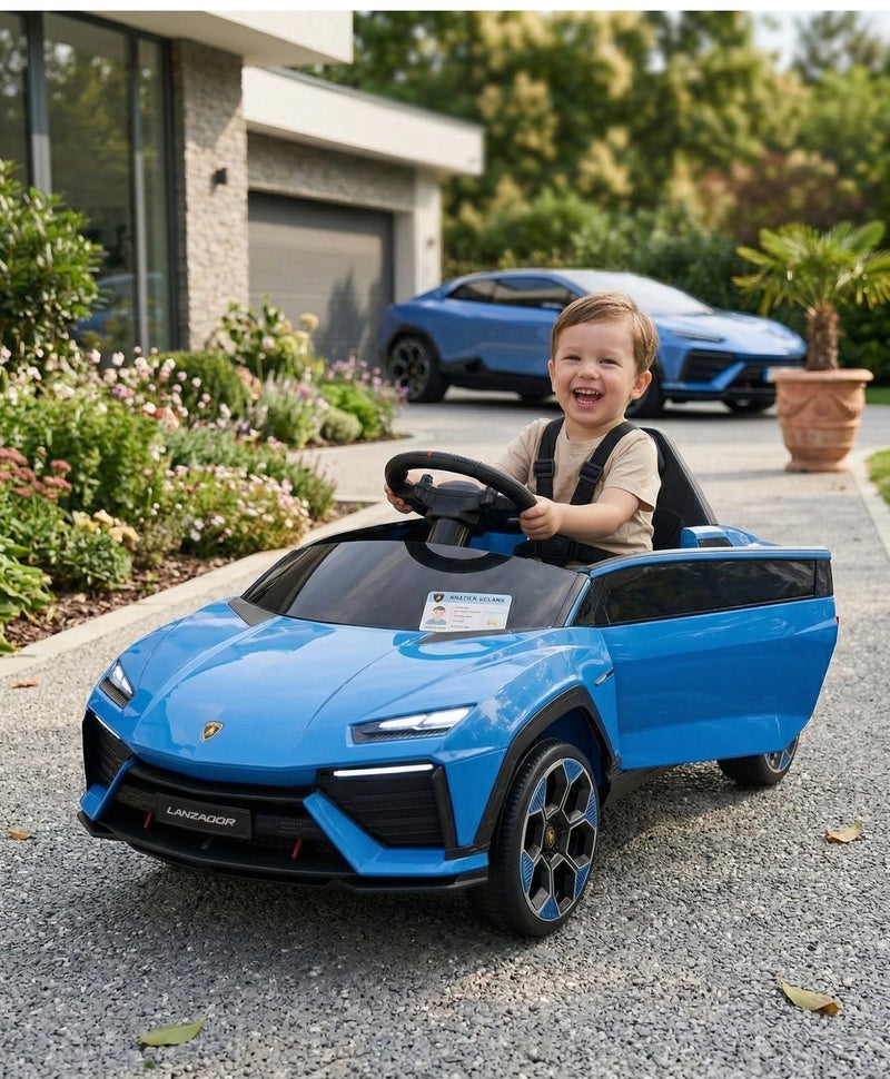 لامبورغيني Licensed Lamborghini Lanzador 12V Kids Electric Ride-On Car with Remote Control, Leather Seat, EVA Wheels & Bluetooth (Ages 1-4) - BLUE - Image 4