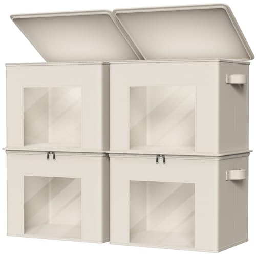 Zilink Fabric Storage Bins with Lid 4-Pack Stackable Cloth Storage Bins Sweater Organizer with Zipper & Clear Window Closet Organizers and Storage Box for Home, Office, Bedroom (Beige,17" x 12" x 12") - Image 1