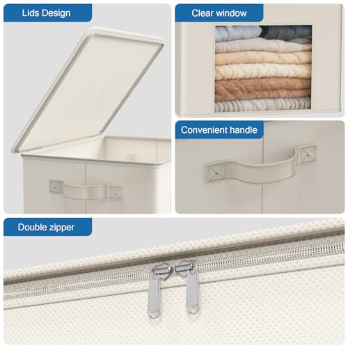 Zilink Fabric Storage Bins with Lid 4-Pack Stackable Cloth Storage Bins Sweater Organizer with Zipper & Clear Window Closet Organizers and Storage Box for Home, Office, Bedroom (Beige,17" x 12" x 12") - Image 3