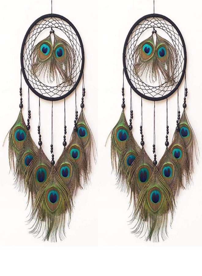 Mehruna Dream Catchers Wall Hangings for Home Decor Bedroom Livingroom Balcony Handmade Dreamcatcher for Positivity Peacock Feathers Wall Decoration Items for Kids Room (22L x 45H cm, Pack of 2) - Image 1