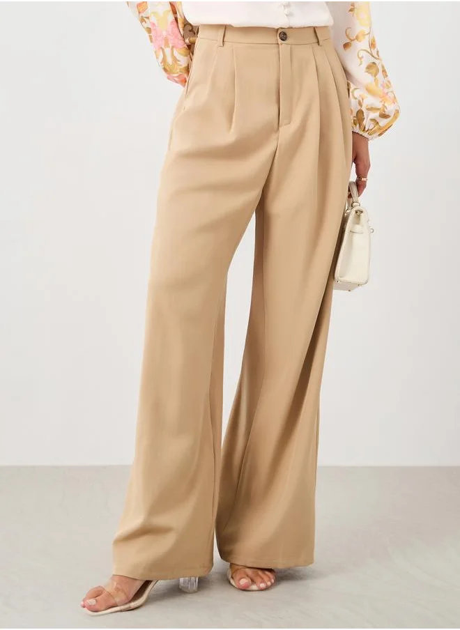 ستايلي Styli Solid Pleated Straight Fit Pants with Belt Loops